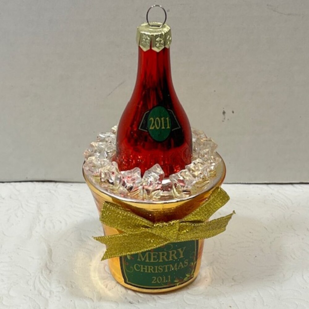 2011 Hand Blown Glass Christmas Champagne Bucket Ice Ornament Merry Christmas